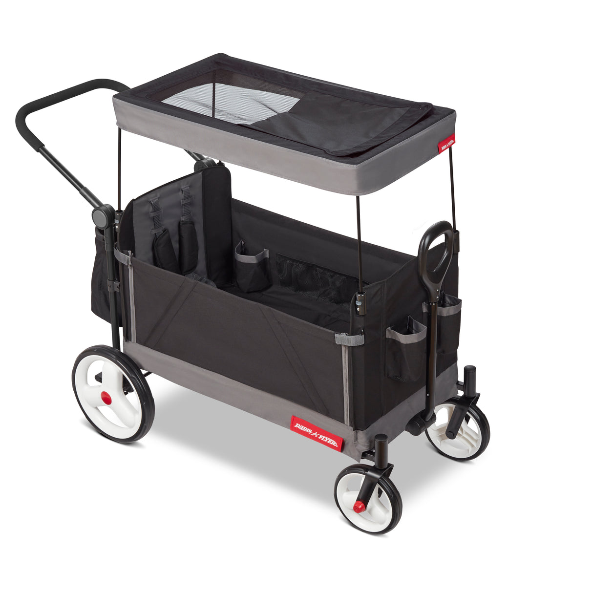 Black folding wagon with a canopy and rear storage bag. The canopy has a peek-a-boo window