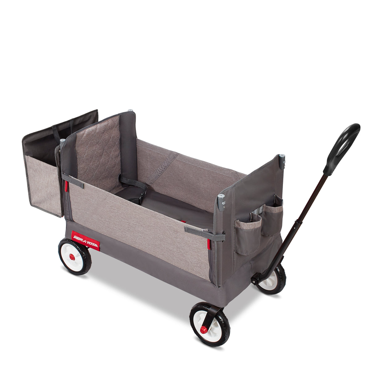 Gray folding wagon with a rear storage bag and pull handle on a white background