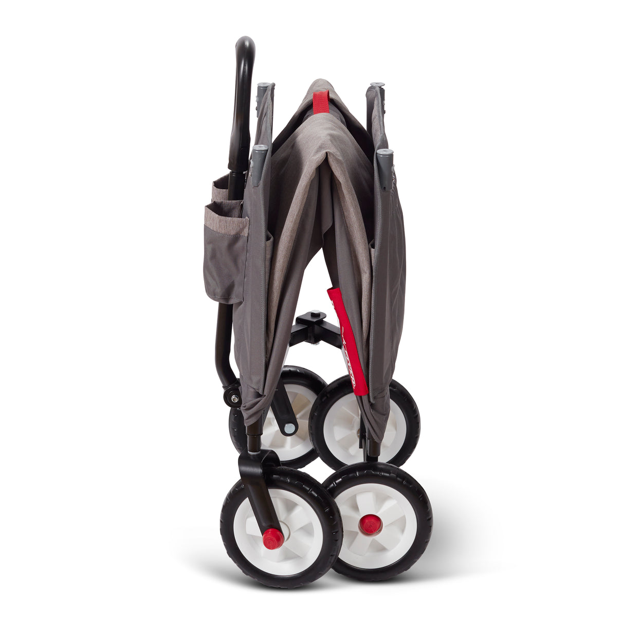 Profile view of folded gray wagon on a white background