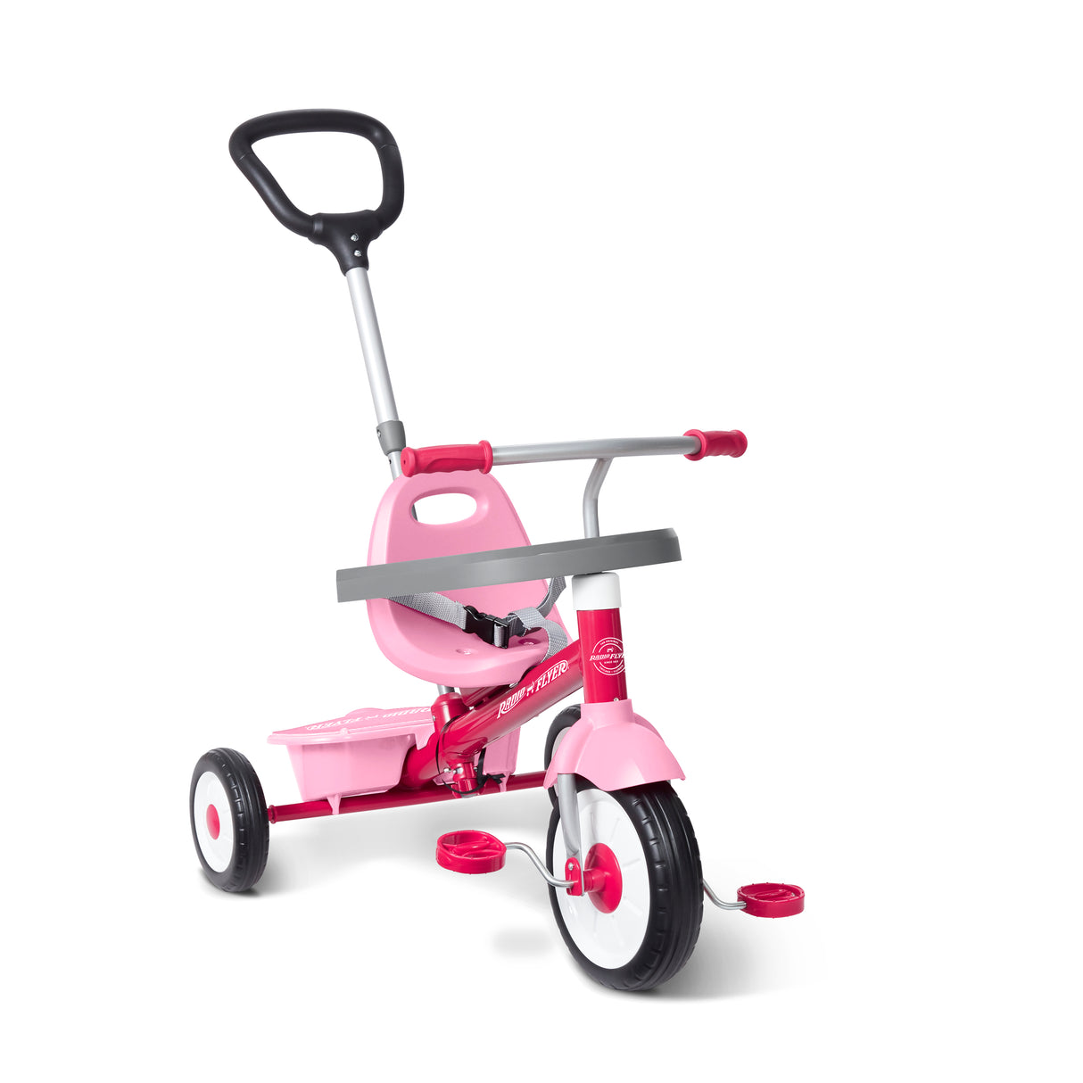 A pink and silver three-wheel tricycle with a push handlebar shown on a white background.