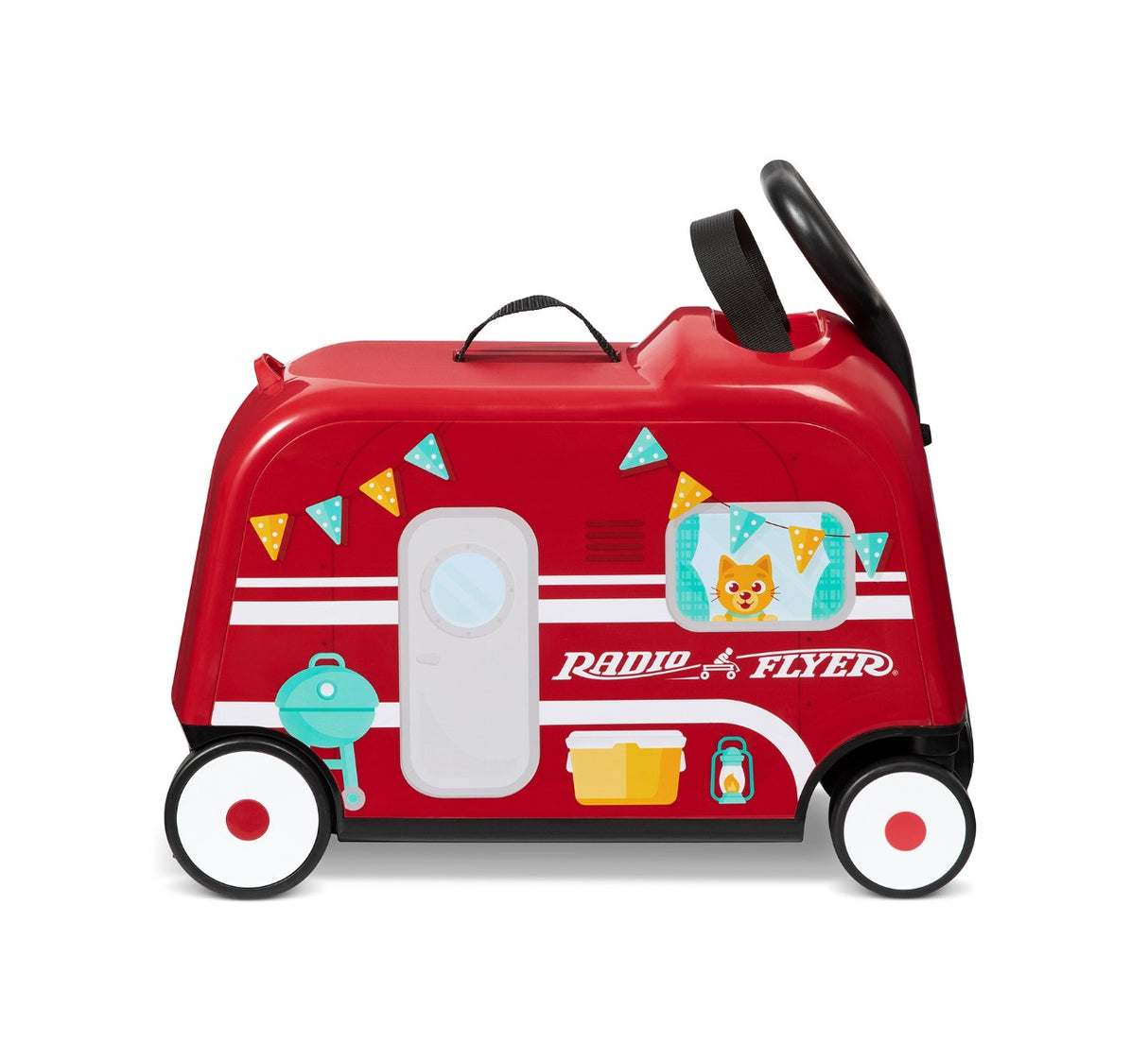 Grown-up pulling child riding Boy the 3-in-1 Happy Trav’ler: Camper through nylon strap