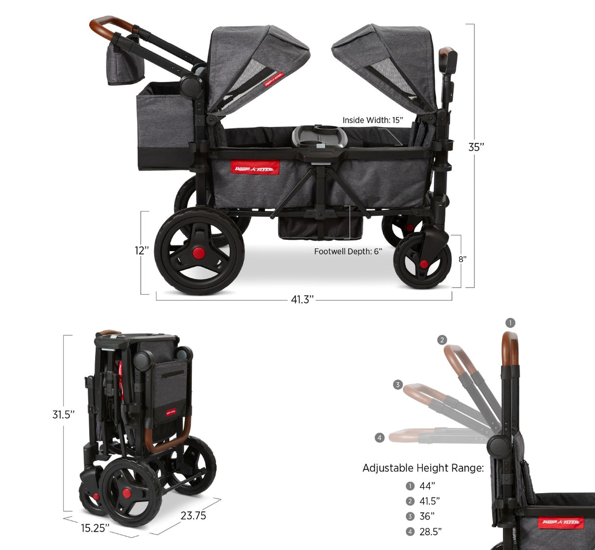 Voya™ Stroller Wagon Dimensions: 41.3" L x 35" H x 15" W