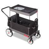 Black folding wagon with a canopy and rear storage bag. The canopy has a peek-a-boo window
