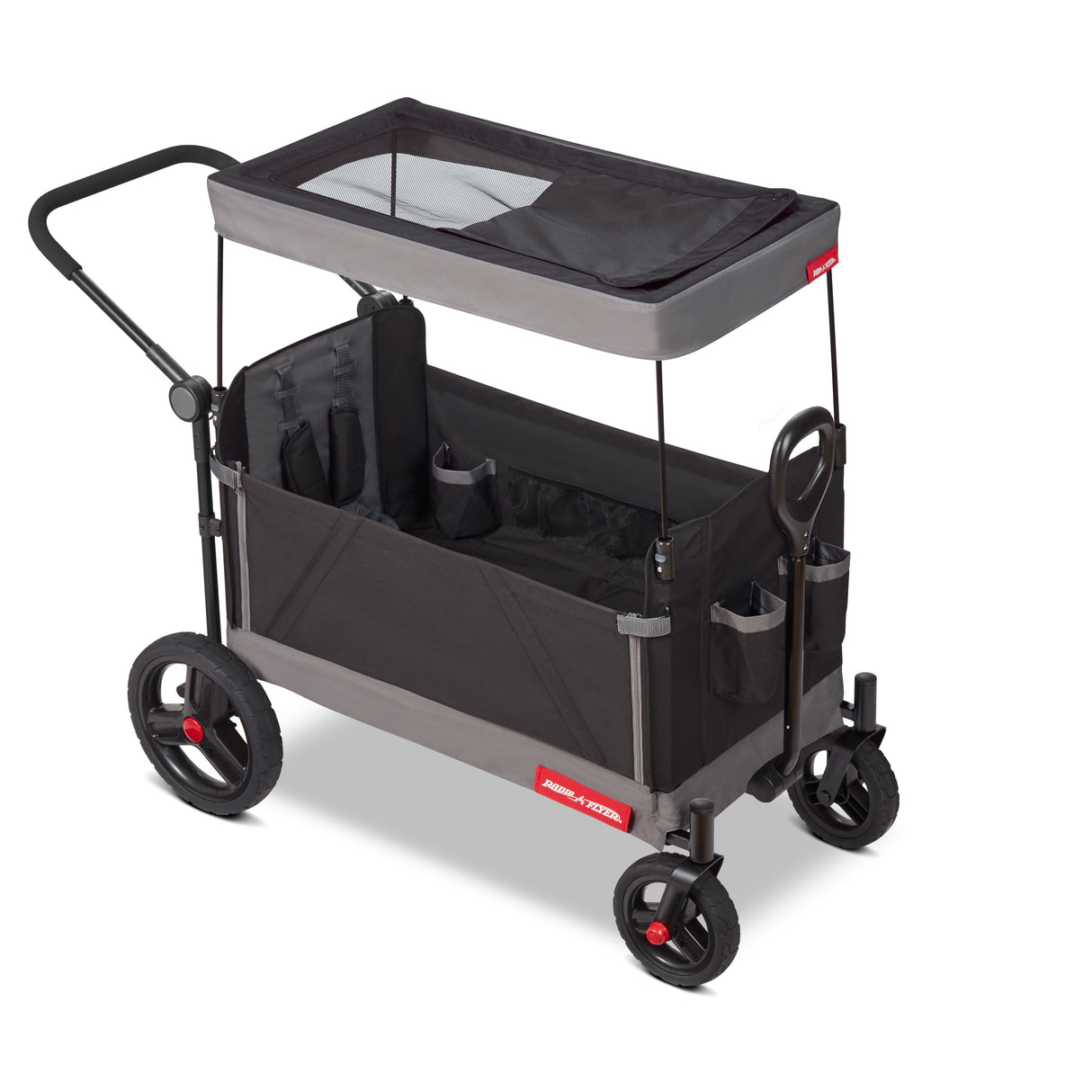 Black folding wagon featuring a canopy with a peek-a-boo window on a white background