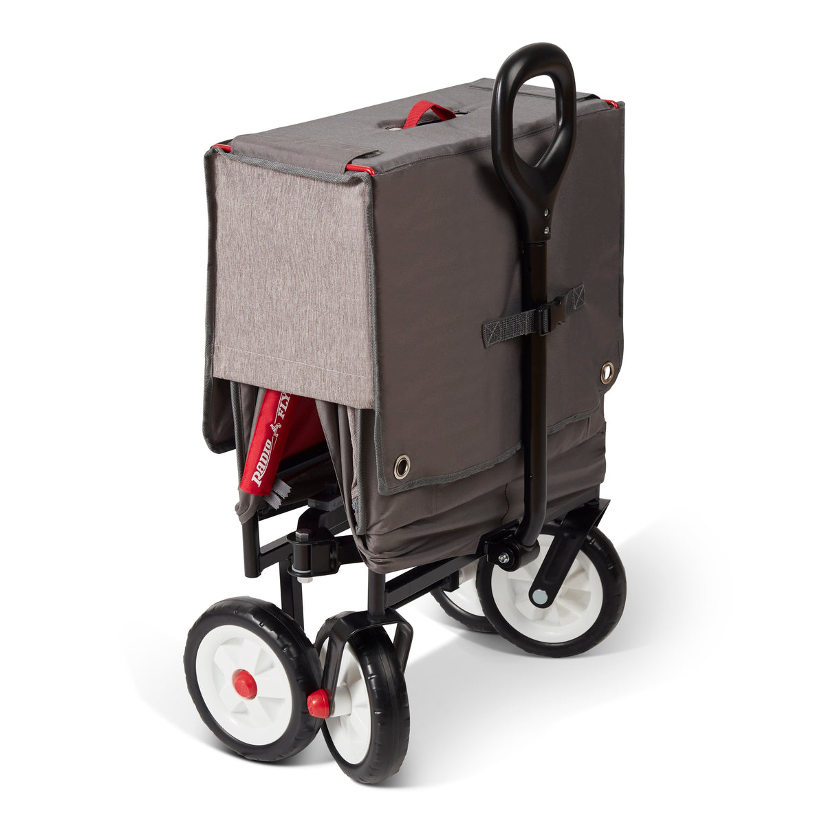Gray folding wagon shown folded with the storage bag acting as a cover on a white background