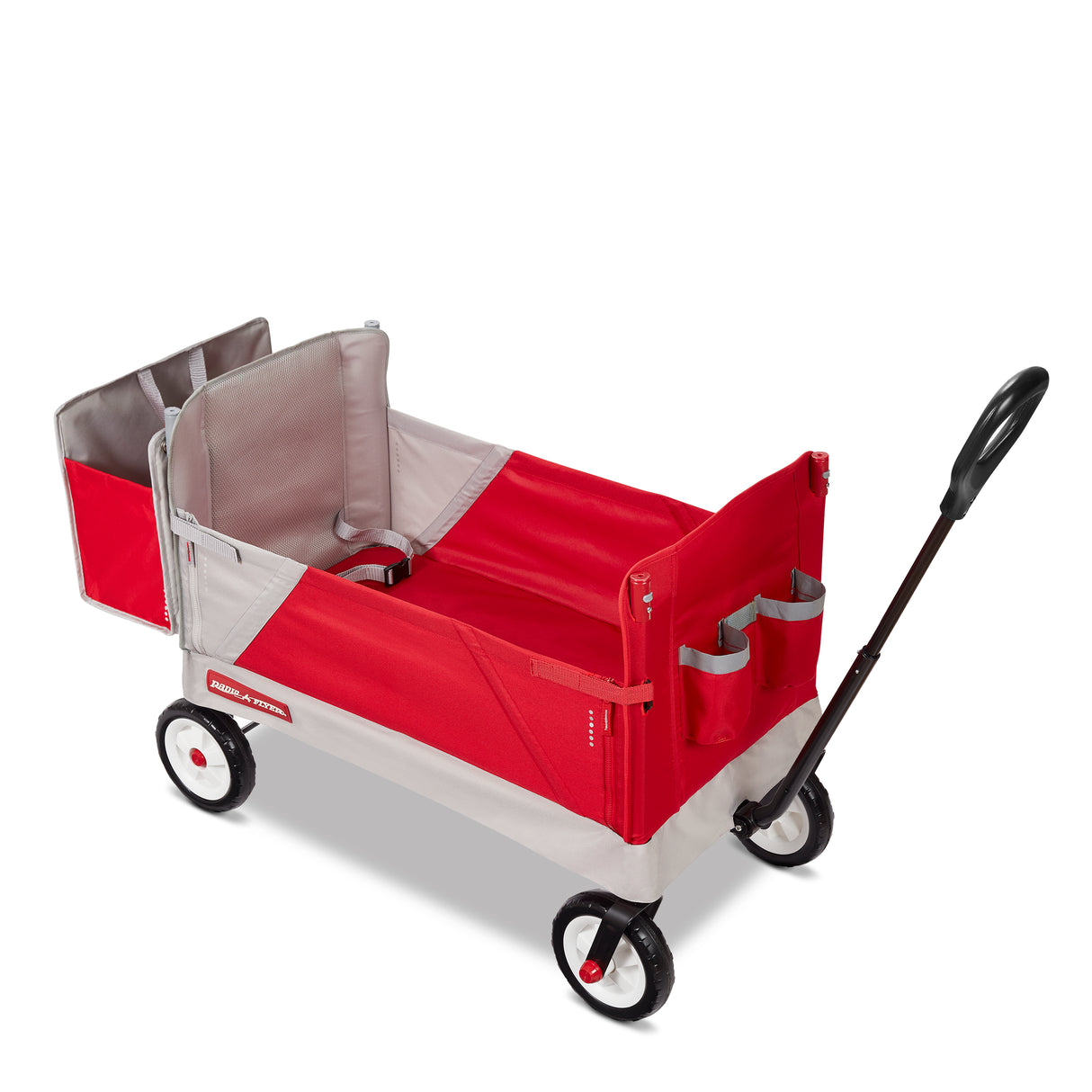 Red and gray wagon with a storage bag and black handle on a white background