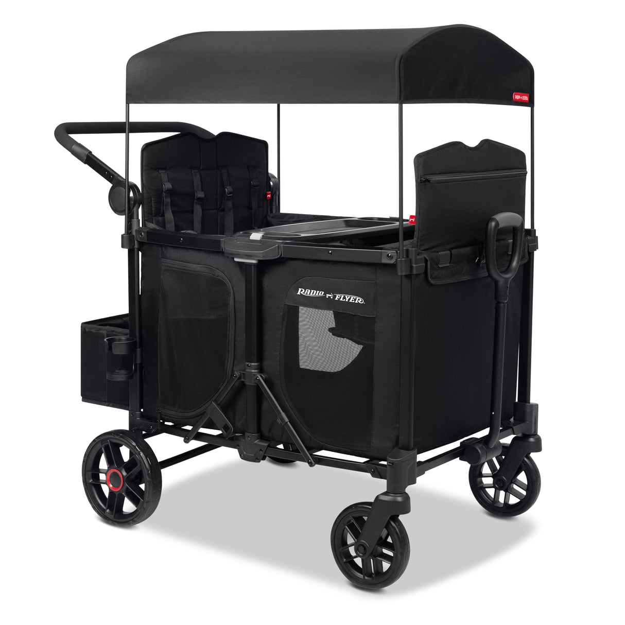 Black four kid stroller wagon with tall sides a canopy and rear storage bag on a white background