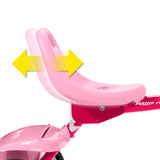 Close-up of a pink children's bike with a yellow arrow indicating the seat adjusts