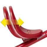 Close-up of the red tricycle seat with a yellow arrow graphic indicating the seat is adjustable