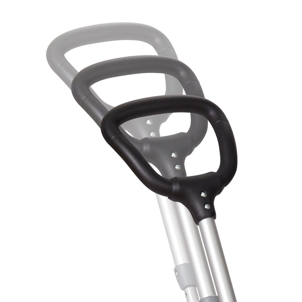 Close-up of an adjustable push handle set at different heights