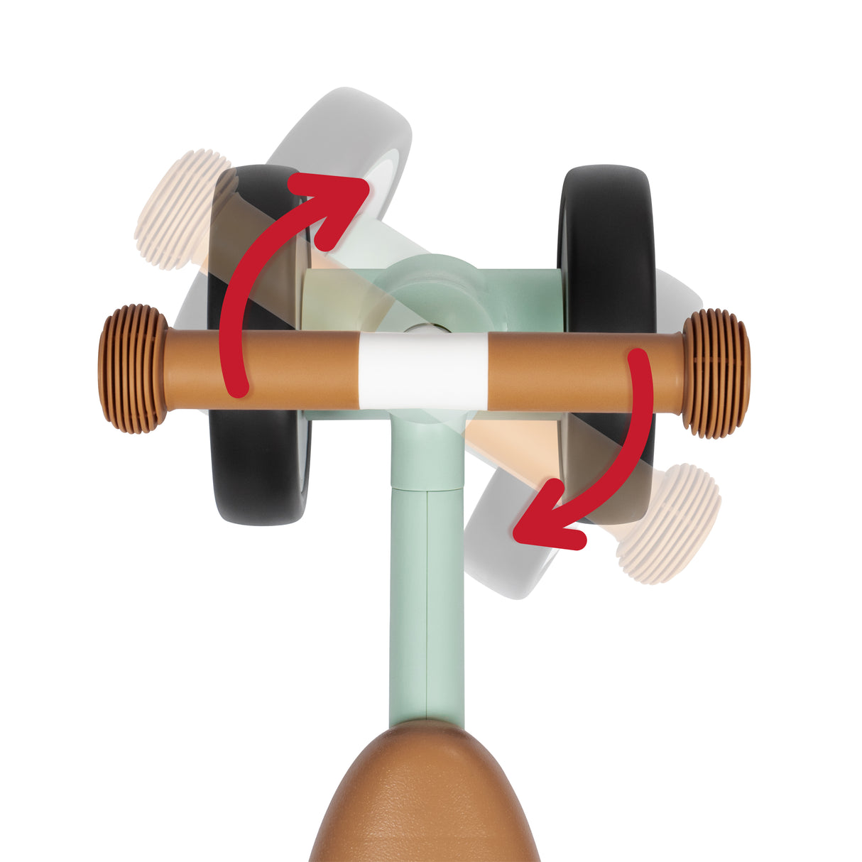 Close-up of a scooter or ride-on toy handlebar assembly with two wheels, a tan handlebar, and red curved arrows indicating steering, on a white background.