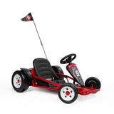 Red and black go-kart with a flag on a white background