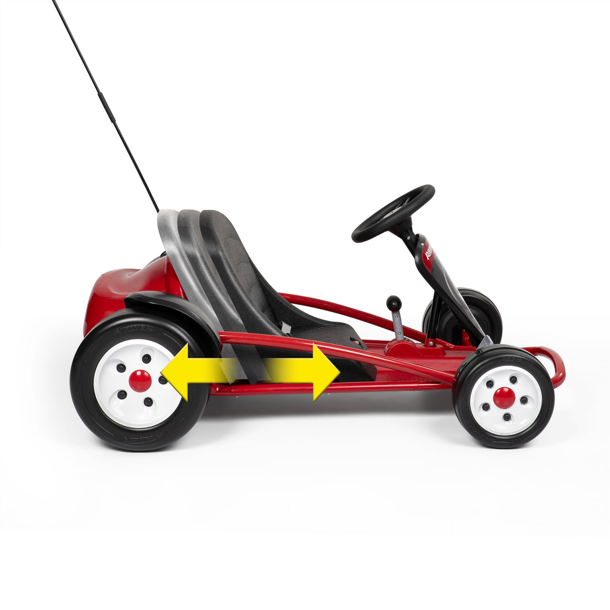 Red go kart on a white background with the seat adjusting