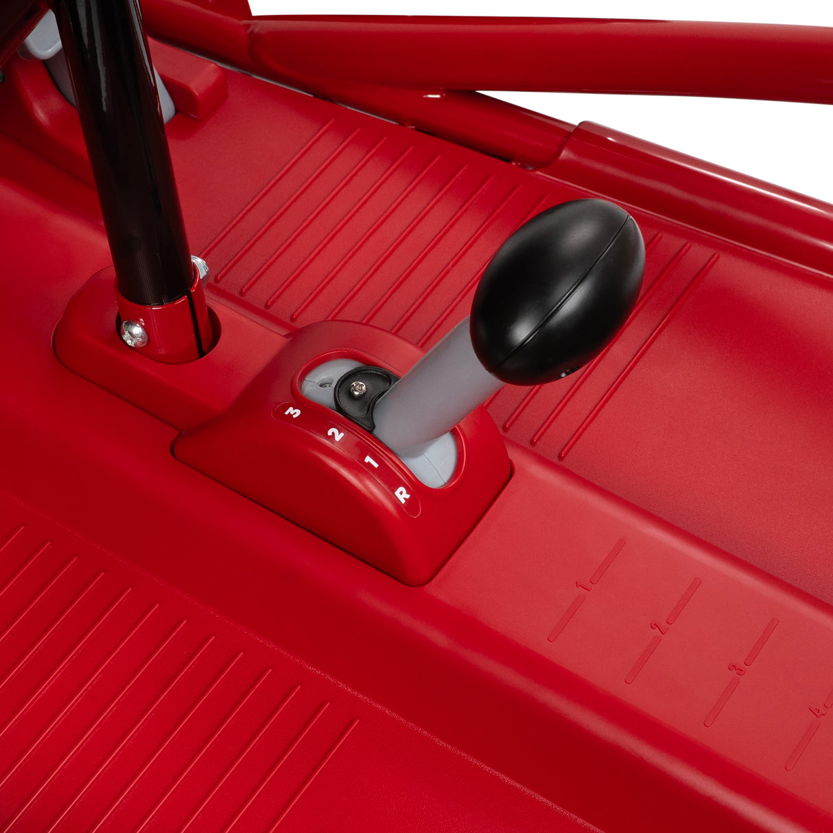 Close-up of the go kart gear shift lever with the parent speed lock limiter in place