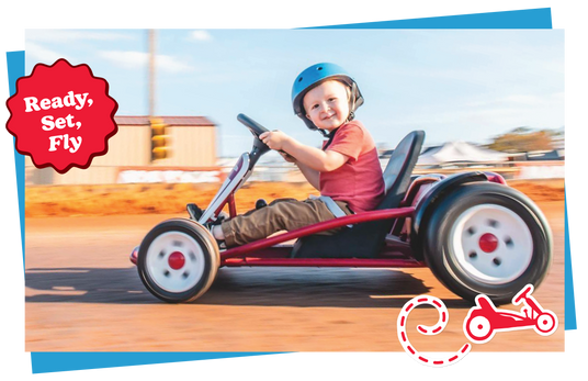 Child driving a go-kart with 'Ready, Set, Fly' text and go-kart icons.