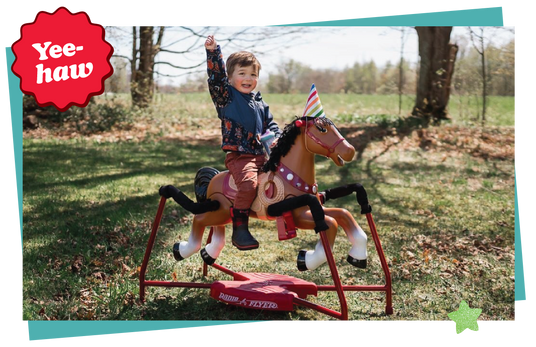 Child riding a toy horse in a park with 'Yee-haw' text overlay