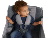 Child sitting in wagon wearing a 5-point harness with shoulder pads