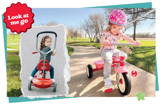 Children riding on tricycles with a 'look at me go' sticker overlayed. 