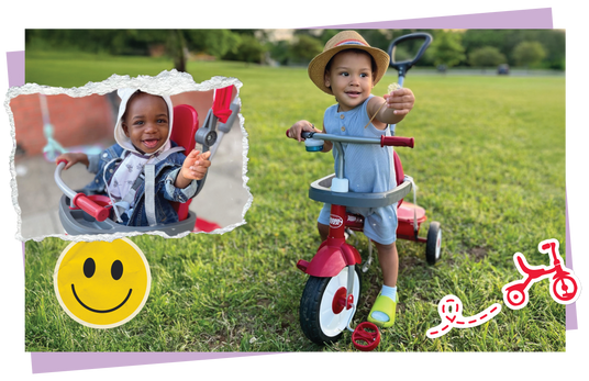 Child playing with a red tricycle in a grassy area, with a smiley face and cartoon bike graphics.