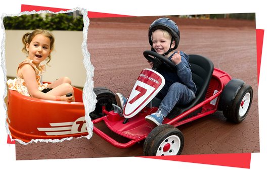 Children riding a go-kart and other battery operated toy.