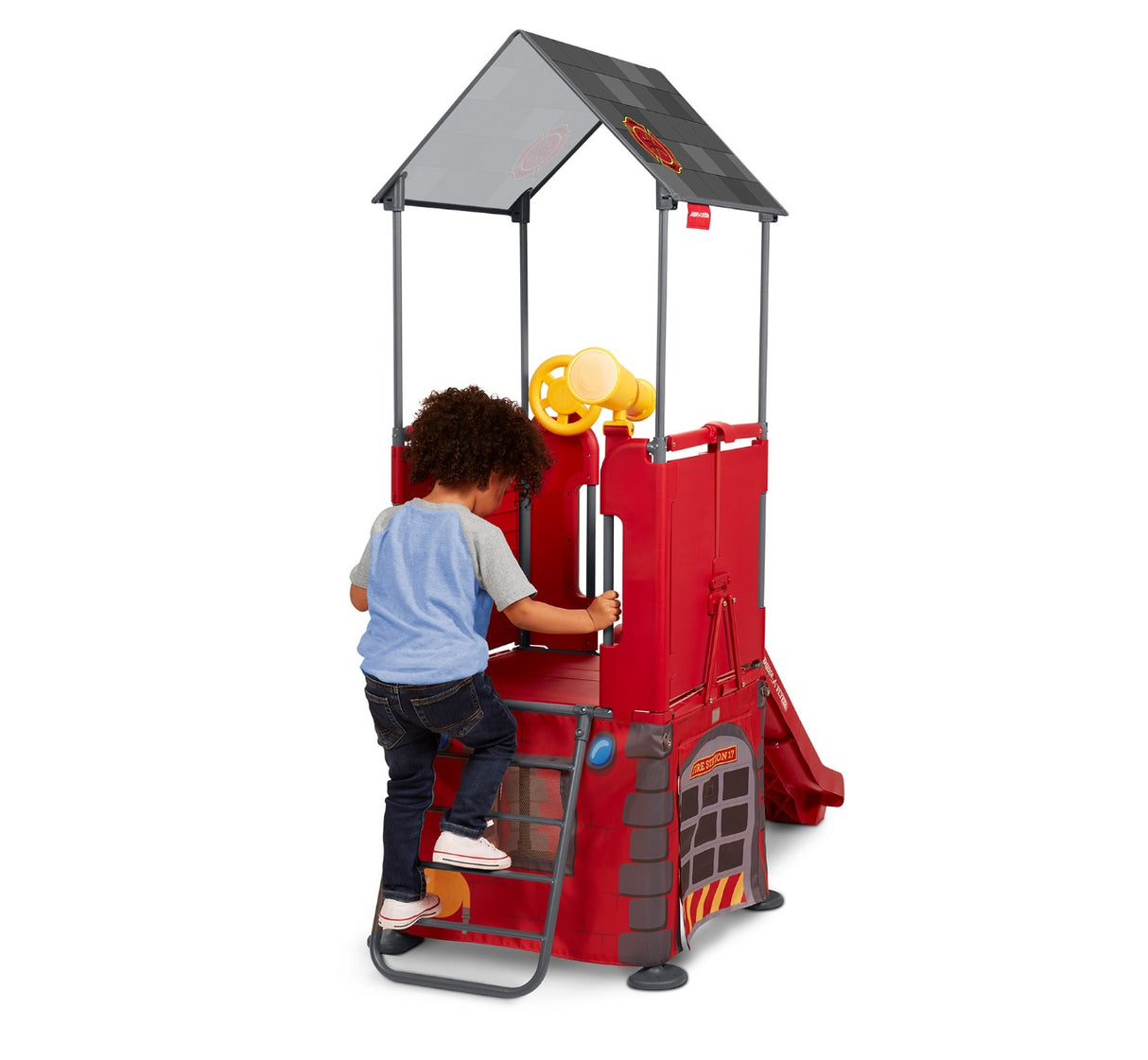 Boy Climbing Play & Fold Away Fire Station's Built-In Ladder