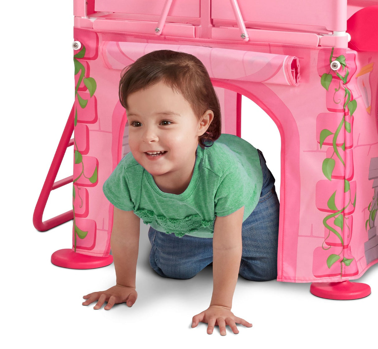 Girl crawling through secret play space underneath the platform